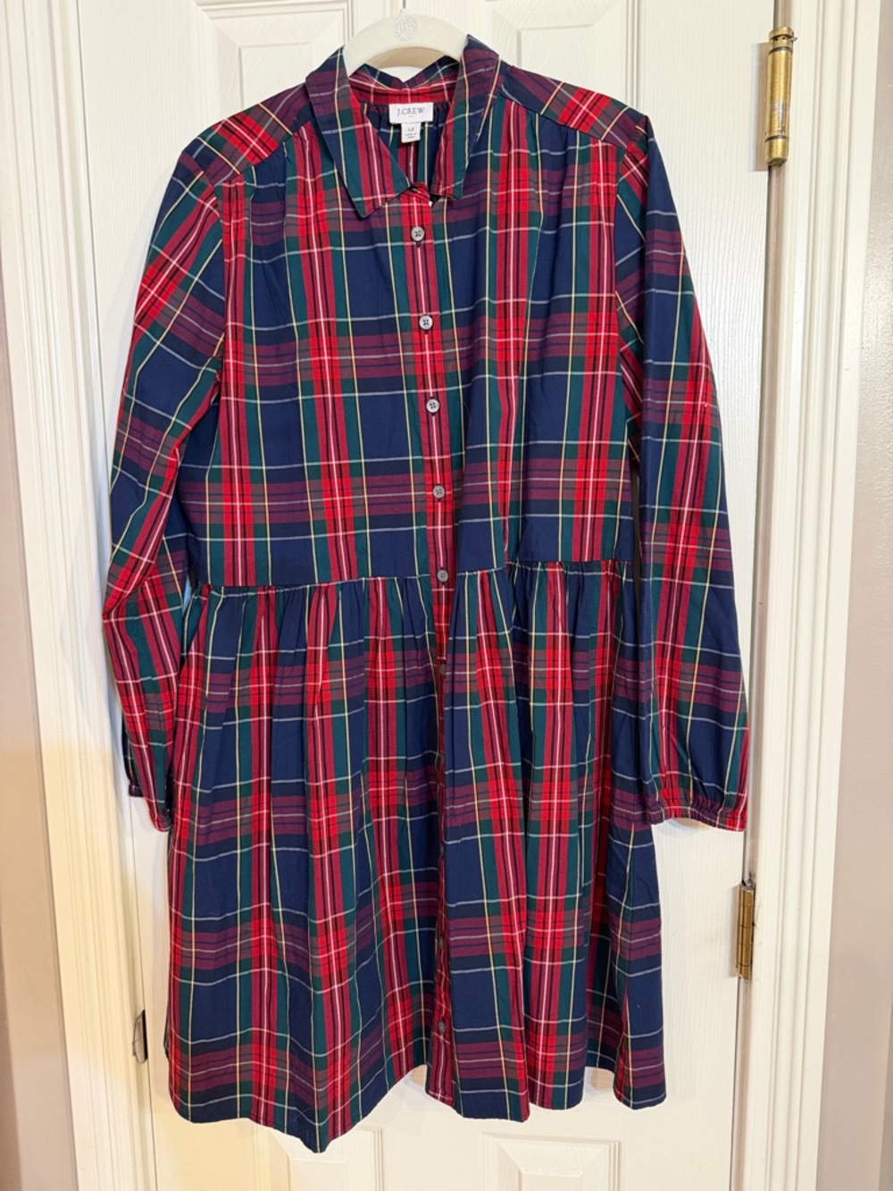 J. Crew Red & Navy Plaid Button-Front Shirt Dress with Collar